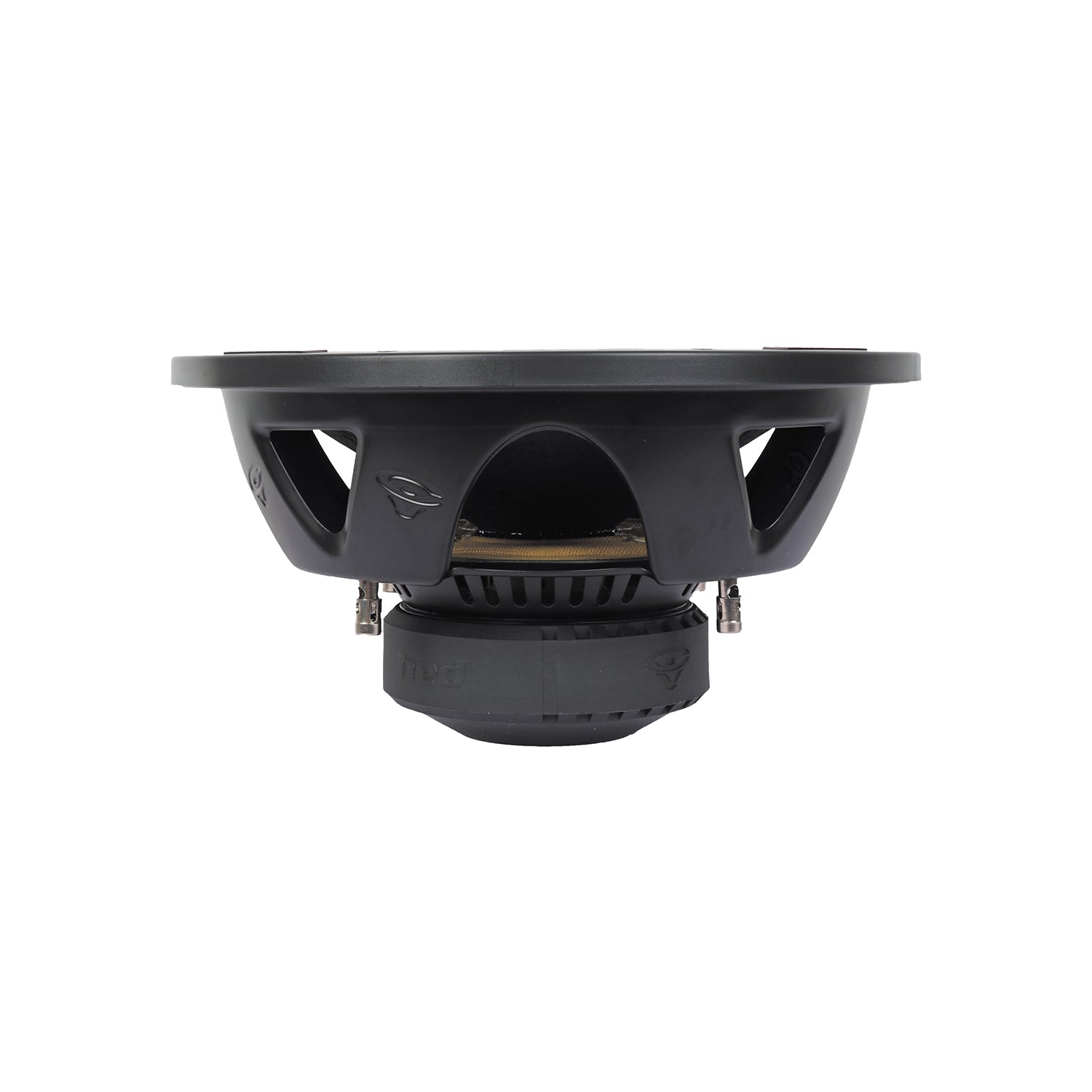 Side view of the HED 2025 Edition Subwoofer - HED 12" Dual 2Ω Voice Coils (H12DV2), showcasing its round frame and visible magnet structure, with airflow openings and connection terminals at the base, set against a white background.