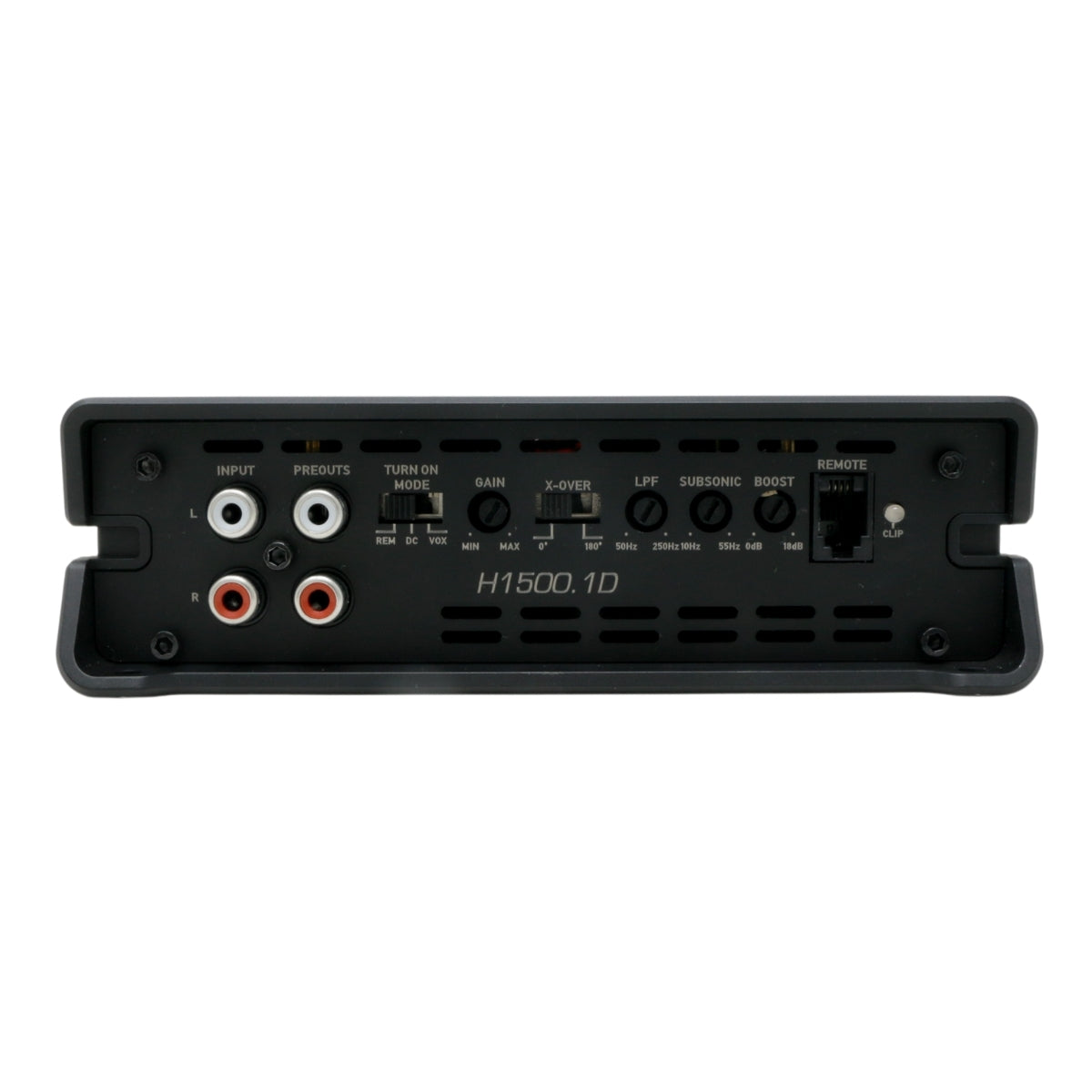 A close-up view of a high-performance car audio amplifier's rear panel. It displays various input and output ports, including RCA inputs, preouts, gain control, crossover switch, LPF, subsonic and boost controls, and a remote input. The Cerwin Vega Inc. HED 1500W RMS Full Range Class-D Mono Digital Amplifier with Class D amplifier technology is centered below the ports.