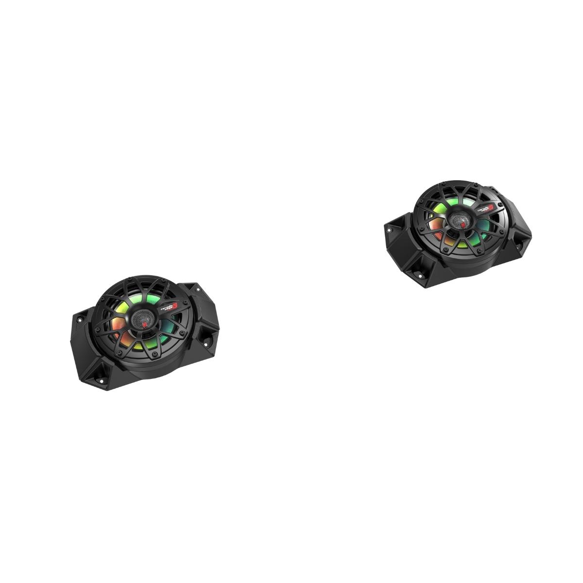 Two black fans with colorful LED lights mirror the vibrant pulse of a 2018+ Polaris® Ranger XP1000 Dash Audio Kit on an off-road adventure. Positioned on a white background, each fan has a protective grill with a circular pattern for optimal cooling.