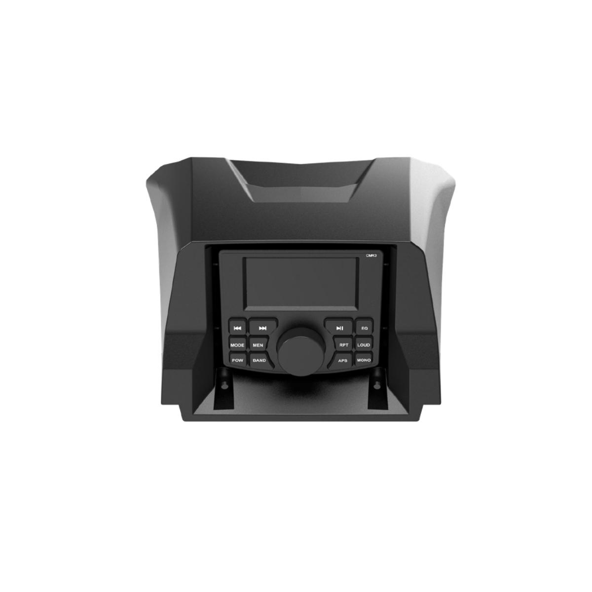A black dashboard control panel with a square screen and central knob echoes the sleek design of the 2017+ Can Am Maverick X3 Speaker Kit. Surrounding buttons form a semi-circular layout with various labels. The futuristic panel boasts angular edges and a subtle matte finish.