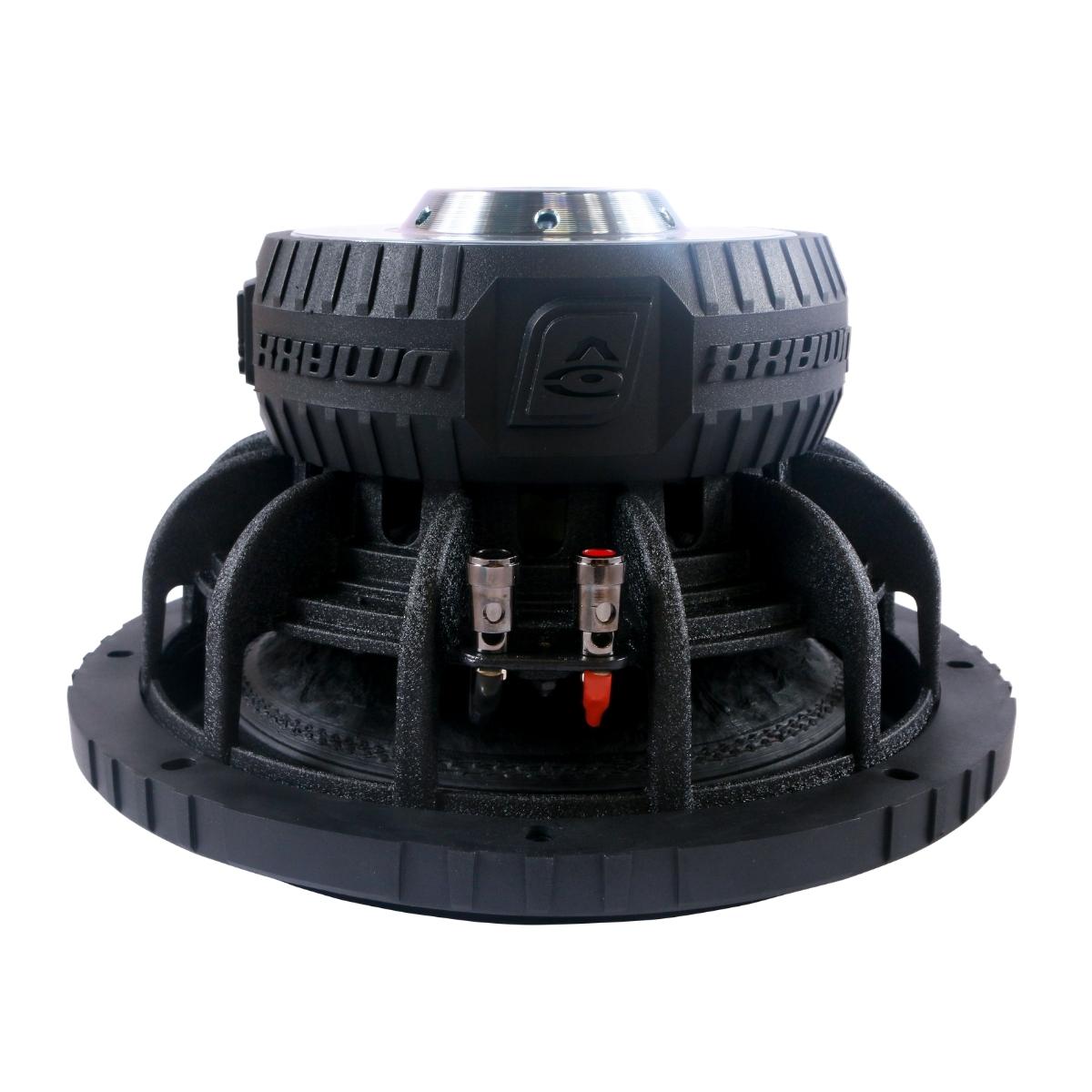 The VMAXX 12" DVC High-Performance Subwoofer (2Ω) - VMAX12D2 is a large, black, circular subwoofer with a rugged design and ridged edges. It features a sturdy metallic top and two visible terminals—one red and one black. Perfect for car audio enthusiasts, it is set against a plain white background.