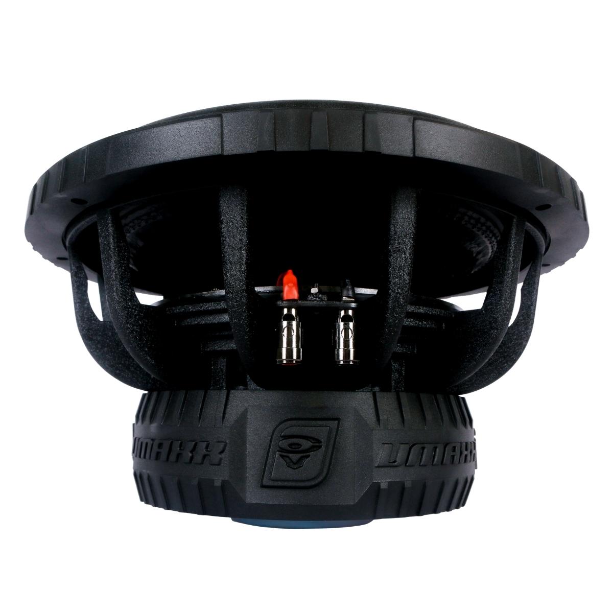 Side view of the VMAXX 12" DVC High-Performance Subwoofer (2Ω) - VMAX12D2 in black, featuring a rugged design with ridged rubber surround, visible coil, red and black connection terminals. Ideal for car audio enthusiasts, it showcases the Cerwin Vega logo embossed on the frame's bottom.