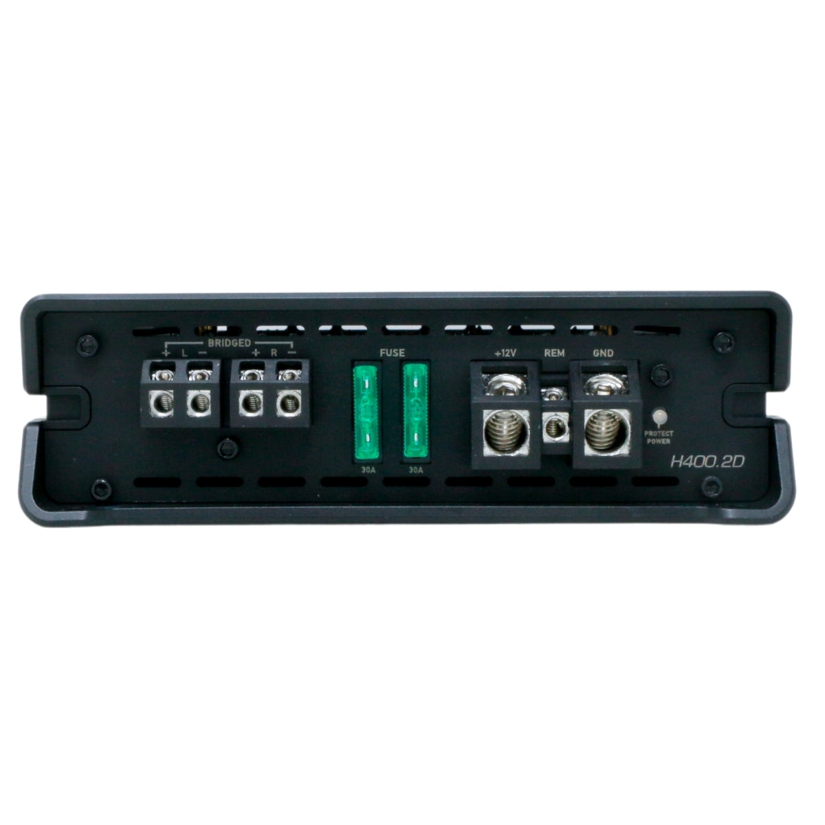 An audio amplifier viewed from the back shows various input and output connectors. Labeled terminals include left and right bridge connectors, a 30A dual fuse setup, +12V power input, remote control input, ground connection, and speaker outputs. This Cerwin Vega HED 290W RMS Full Range Class-D 2 Channel Digital Amplifier delivers 290W RMS with an optional Bass Boost feature. Model number H400.2D is indicated.