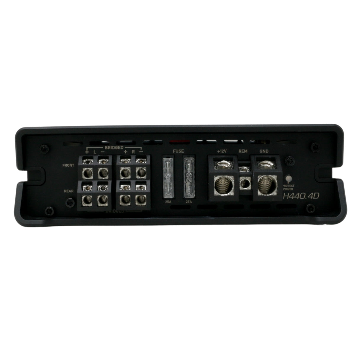Close-up view of the rear panel of the Cerwin Vega Inc. HED 440W RMS Full Range Class-D 4 Channel Digital Amplifier. The panel features various terminals and connectors, including speaker outputs for front and rear channels, bridged outputs, a fuse compartment with two 25A fuses, and inputs for +12V power, remote, and ground connections.