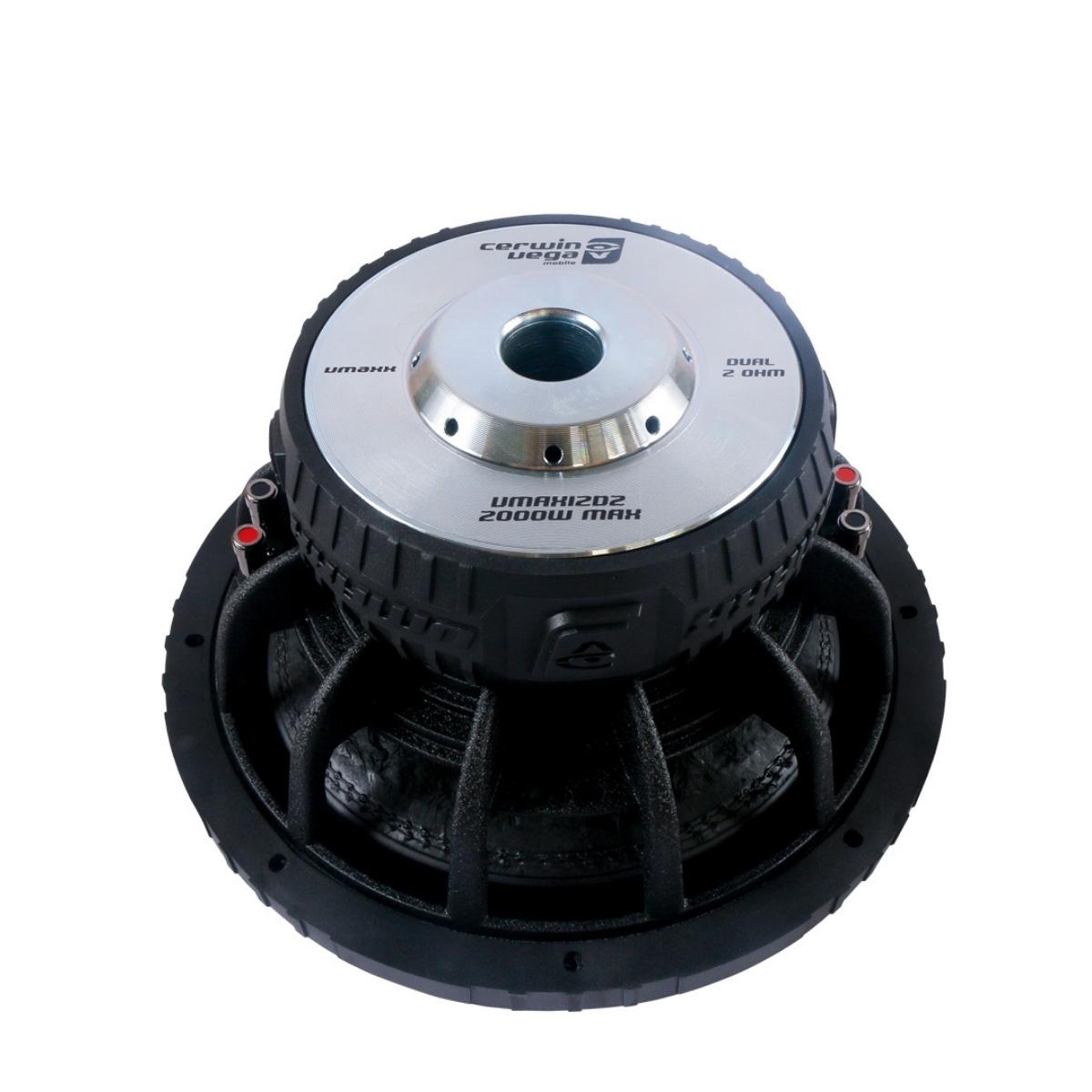 This high-performance subwoofer, VMAXX 12" DVC (2Ω) - VMAX12D2, features rugged exposed coils and connectors. Its textured outer rim complements the bold brand logo and "ummah" text on the silver metal top, making it a must-have for car audio enthusiasts seeking 2000W MAX power.