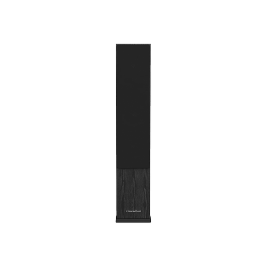 The LA Series Home Audio Speakers are tall floor-standing models featuring a minimalist black design. The bottom half has a wood-grain finish with a subtle logo, while the top half is fitted with a solid black grille, all resting on a flat, square base.