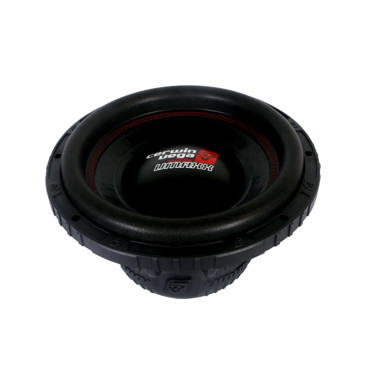 The image showcases the VMAXX 8" DVC High-Performance Subwoofer (4Ω) - VMAX8D4, perfect for car audio enthusiasts. It features a black, circular design with a red accent ring on the cone. The brand logo and model name are prominently displayed, and textured detailing adds a high-quality finish.