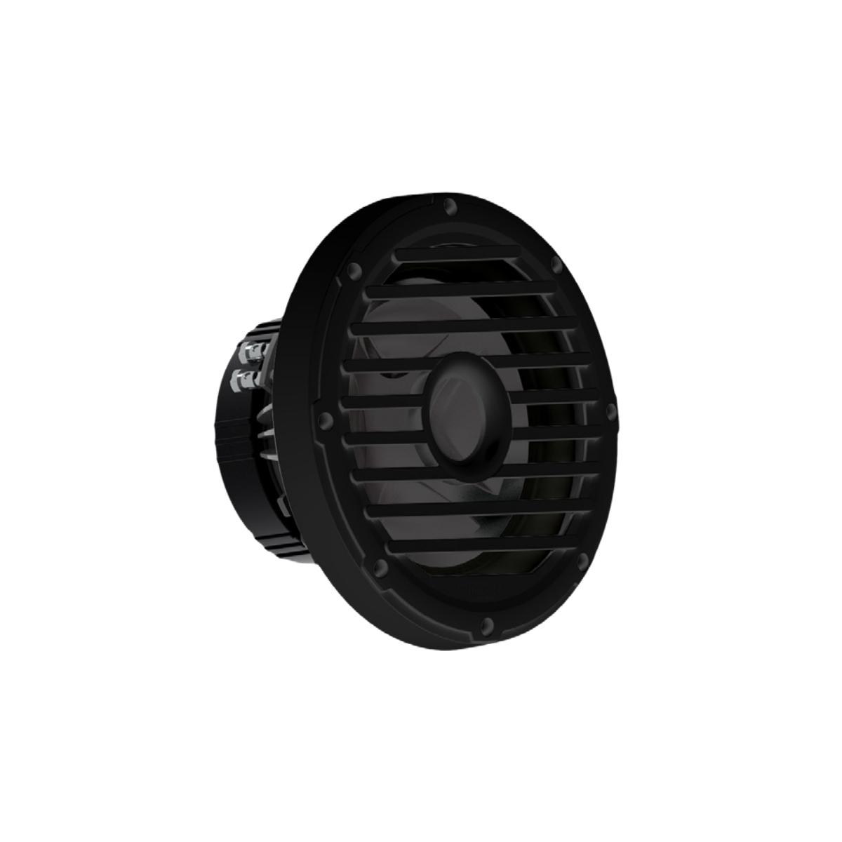 The 10” sealed marine subwoofer from the 2017+ Can Am Maverick X3/X3 Max Complete Speaker Kit features a protective grille on its black, round casing with visible rim screws. It rests slightly angled to the right against a plain white background.