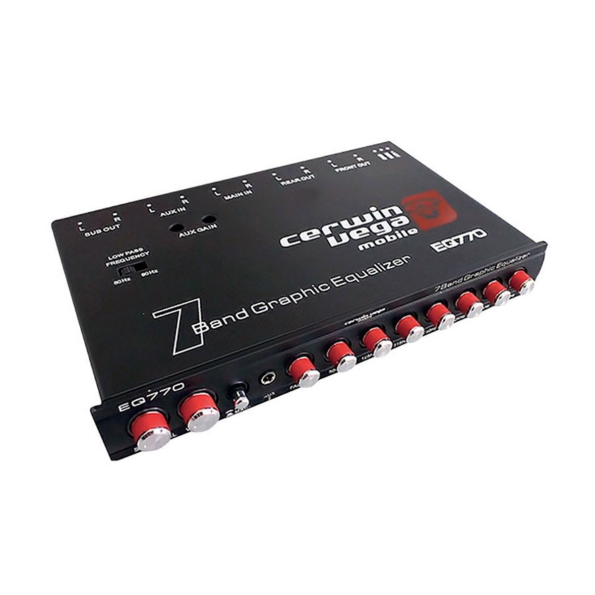A Cerwin Vega EQ770, now branded as "Equalizer & Bass Maximizer," is displayed. The black mobile graphic equalizer has seven red knobs and is labeled "7 Band Graphic Equalizer." With input/output settings, it features white text and logos. The device is angled slightly to the left.