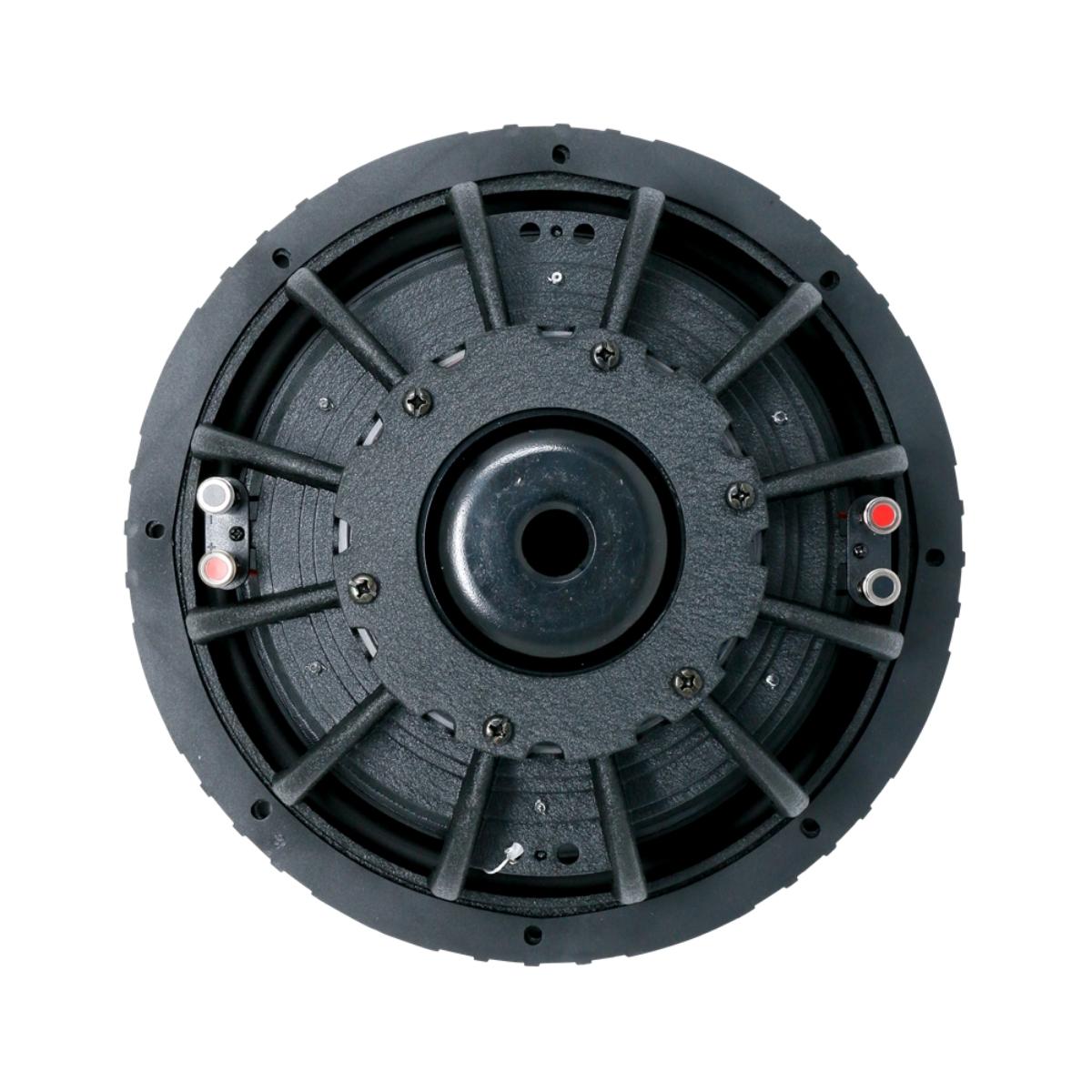 Close-up of a black mechanical component resembling a speaker, ideal for car audio enthusiasts. It features a circular, ribbed design like the VMAXX 12" DVC Shallow Subwoofer (4Ω) - VMAXS124, with a notable central dome and radial supports. Small screws and red-marked terminals are on the textured outer edge.