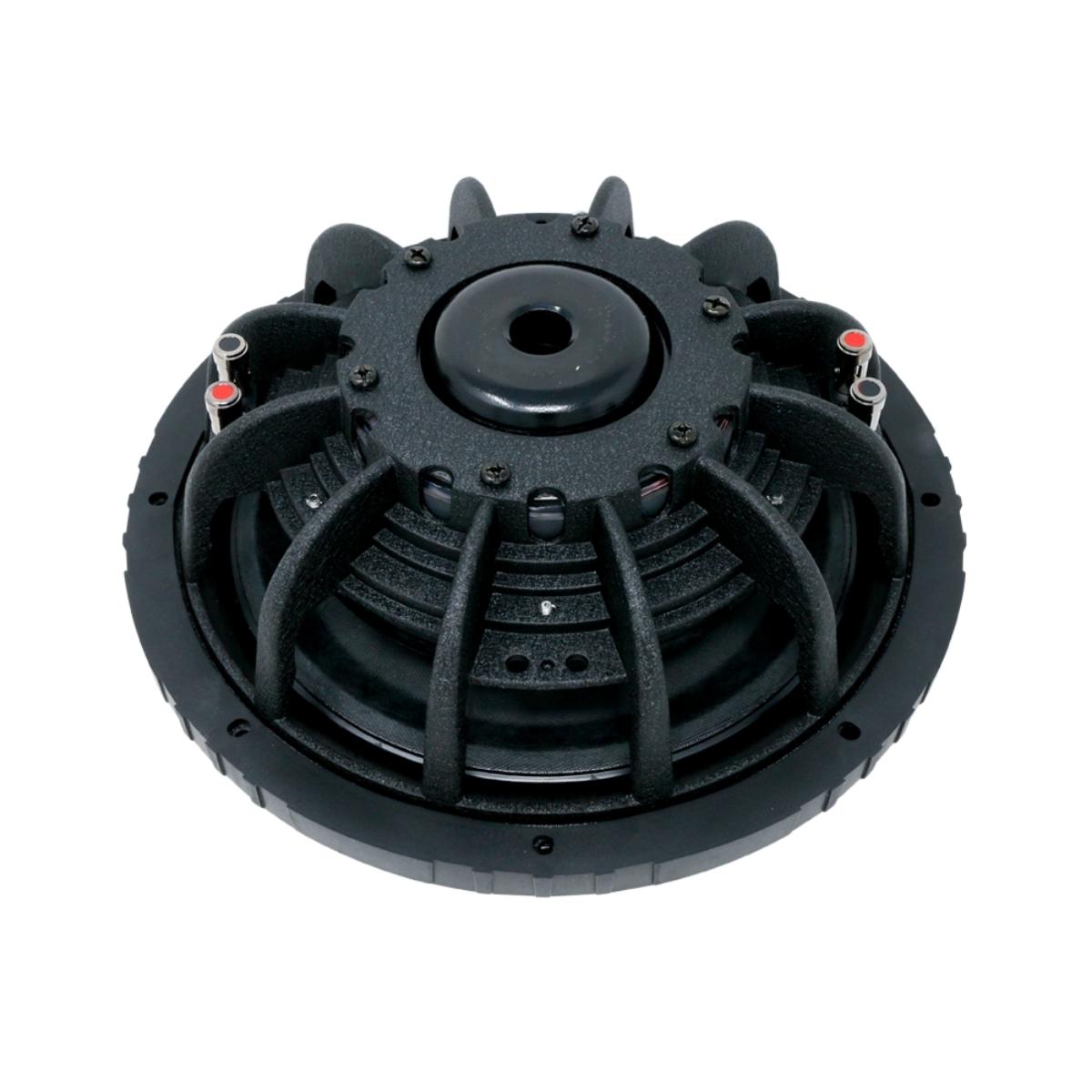 Top view of the VMAXX 12" DVC Shallow Subwoofer (4Ω) - VMAXS124, featuring a black driver with a central dust cap, concentric rings, and radial cooling fins. Two red and two black connector terminals are visible, making it ideal for car audio enthusiasts desiring premium sound quality.