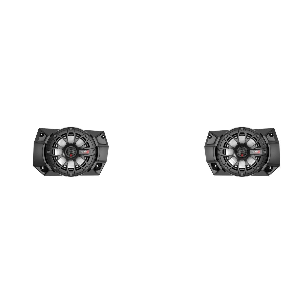 Mounted on a white background, the Dash Audio Kit RPMRGRDA features two black coaxial car audio speakers with angular plastic housings, visible cones, and tweeters. Designed for 2018+ Polaris Ranger XP1000, they offer a sleek design ideal for modern vehicle interiors.