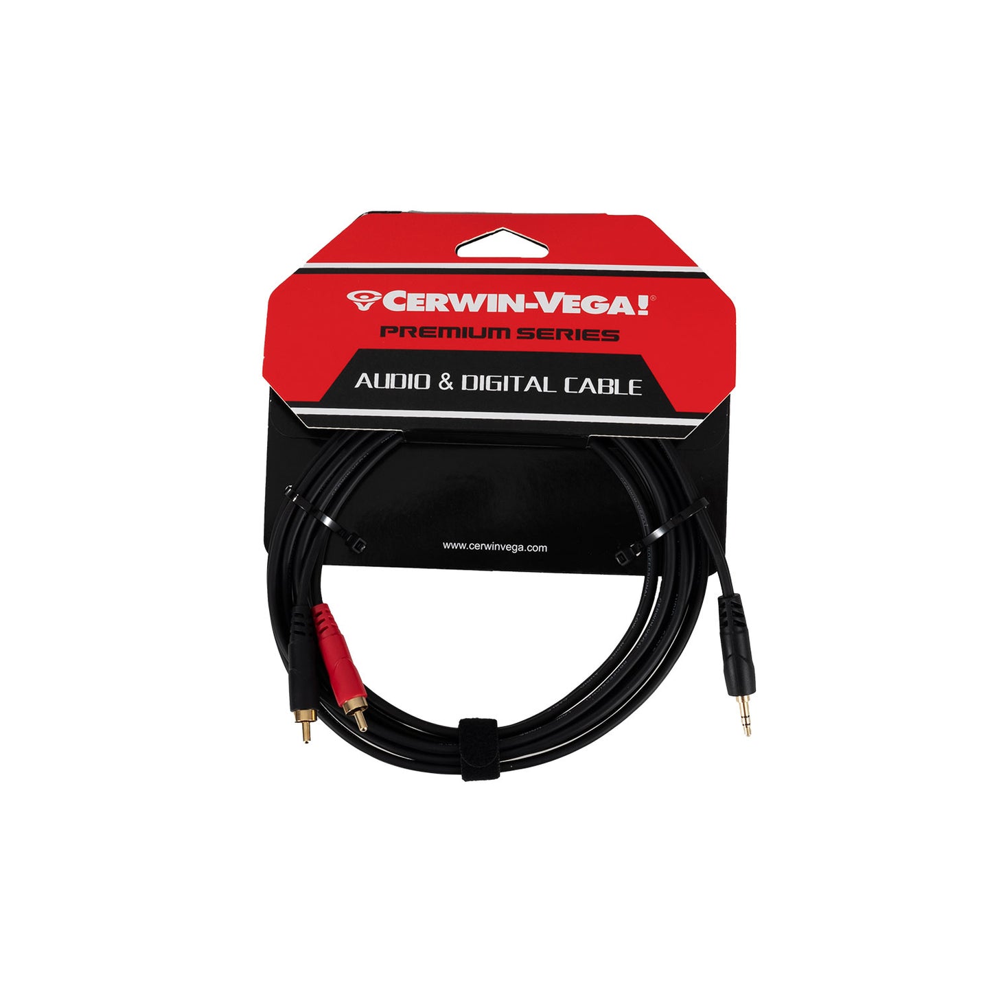 The CBL35MMDRCA10 features a 3.5mm stereo male plug to dual RCA male connectors (red and black) in a red and black Cerwin-Vega! Premium Series holder, with interference-free audio and Velcro strap for securing.