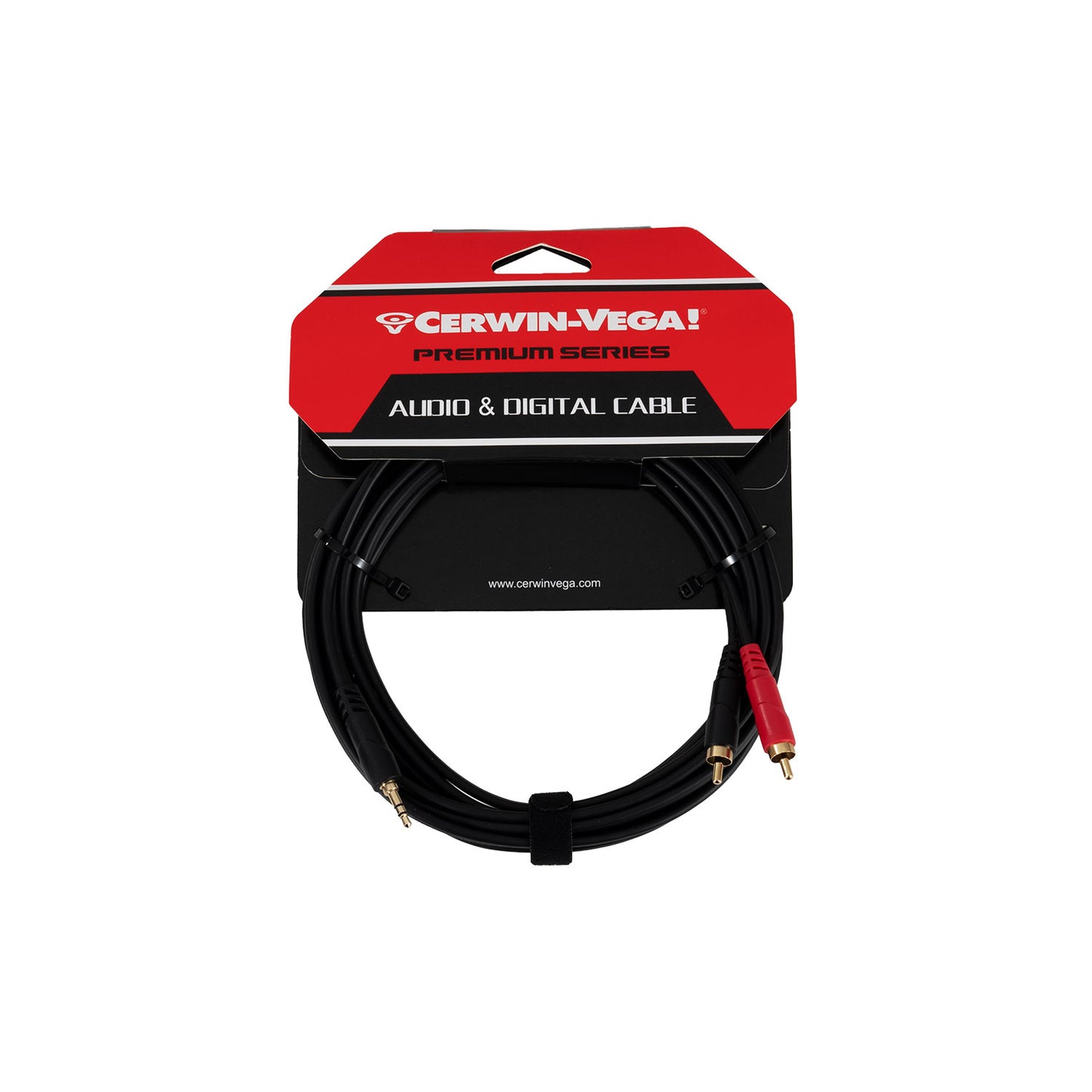 The Cerwin-Vega CBL35MMDRCA15 features dual RCA connectors, a coiled black audio cable with red and metallic accents on sleek black/red backing labeled "Cerwin-Vega! Premium Series," ensuring pure signal transmission with details in crisp white.