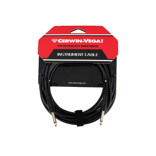 The Cerwin-Vega Premium Series package contains a 20FT CBLTRS20 instrument cable with straight 1/4" connectors for enhanced audio. A black Velcro strap secures this high-conductivity red and black cable, with "Instrument Cable" and the website URL on the packaging.