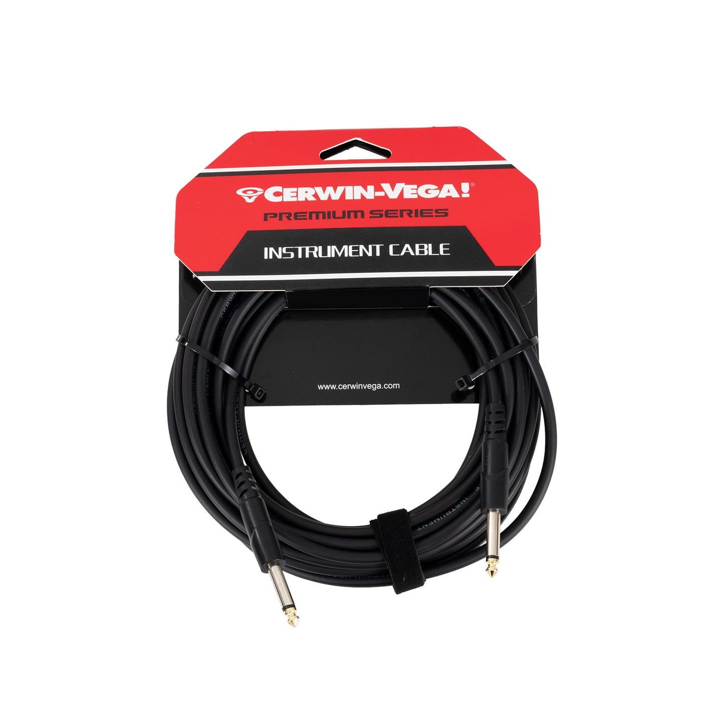 The Cerwin-Vega CBLTRS25, a 25FT premium audio cable with oxygen-free copper, is packaged in red and black packaging labeled "INSTRUMENT CABLE." It includes metal connectors and a black Velcro strap for noise-free sound.