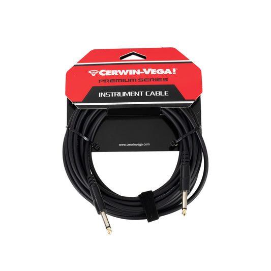 The Cerwin-Vega CBLTRS25, a 25FT premium audio cable with oxygen-free copper, is packaged in red and black packaging labeled "INSTRUMENT CABLE." It includes metal connectors and a black Velcro strap for noise-free sound.
