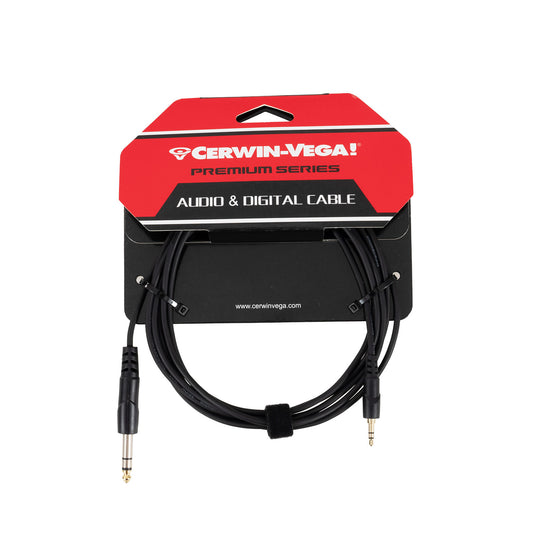 The Cerwin-Vega Premium Series CBLTRS35MM10, a 3.5MM Male to 1/4" Male audio cable, offers Pure Sound Quality. Packaged in red and black with white text, it features connectors on both ends and is coiled with a black strap. The brand's website is printed below.
