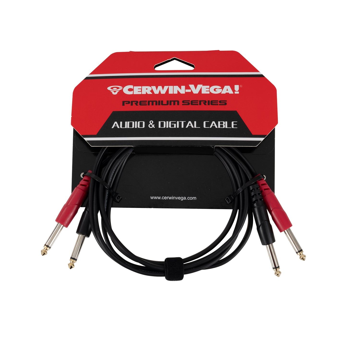 The CBLTRSD6 cable, packaged in black and red cardboard labeled "Cerwin-Vega! Premium Series Audio & Digital Cable," includes two red and two black connectors with 6.35mm plugs. It features a black velcro strap for easy storage and ensures superior conductivity across its 6FT length.