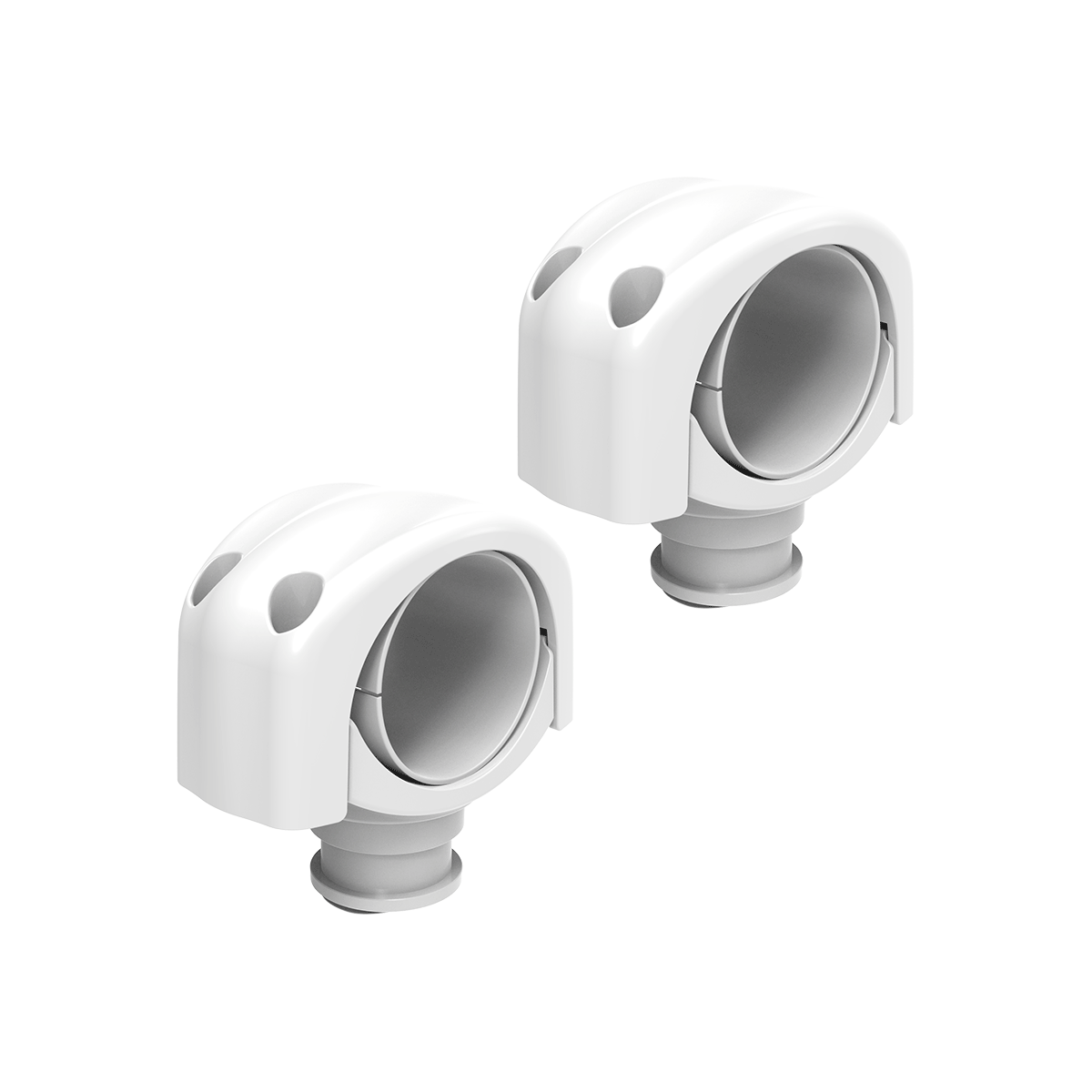 The RPM - 2.5" - 3.25" Clamp (CS25W) is shown in white plastic against a plain background, featuring a grey cylindrical interior, a protruding base, and two oval cutouts on top for compatibility with extruded aluminum structures.