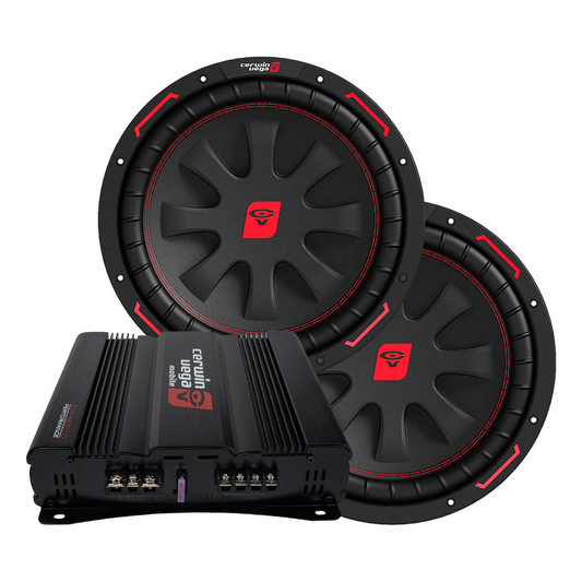 The CVP Series Dual 12" Door Buster Deal includes three Cerwin-Vega subwoofers with red accents and ribbed edges, paired with a sleek black amplifier. Designed for car audio enthusiasts, it offers multiple connection ports and features digital branding on a pristine white background.