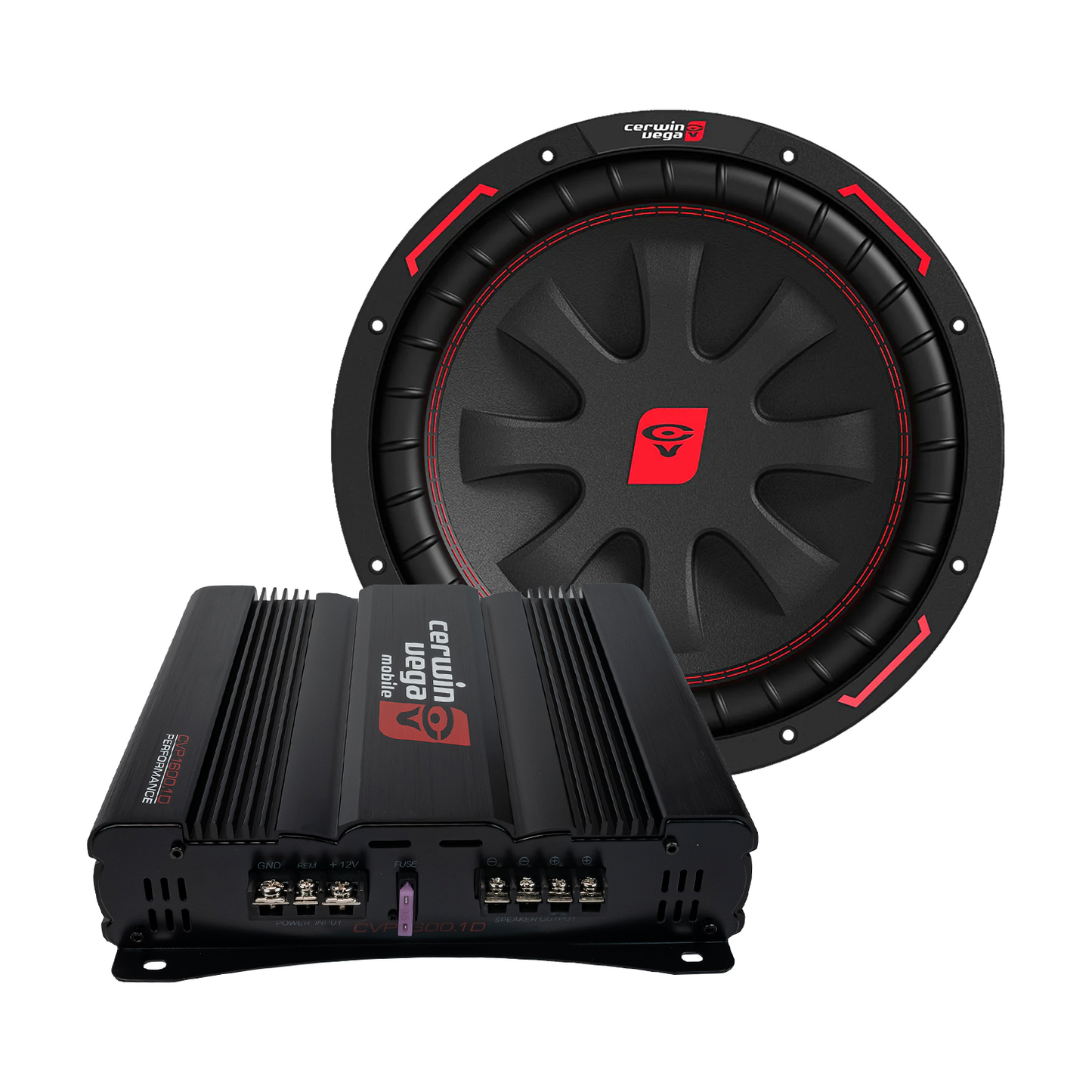A black CVP Series Single 12" subwoofer with red accents and a distinct logo from Cerwin Vega sits behind a sleek black amplifier with control knobs and terminals, exemplifying high-quality design and sound.