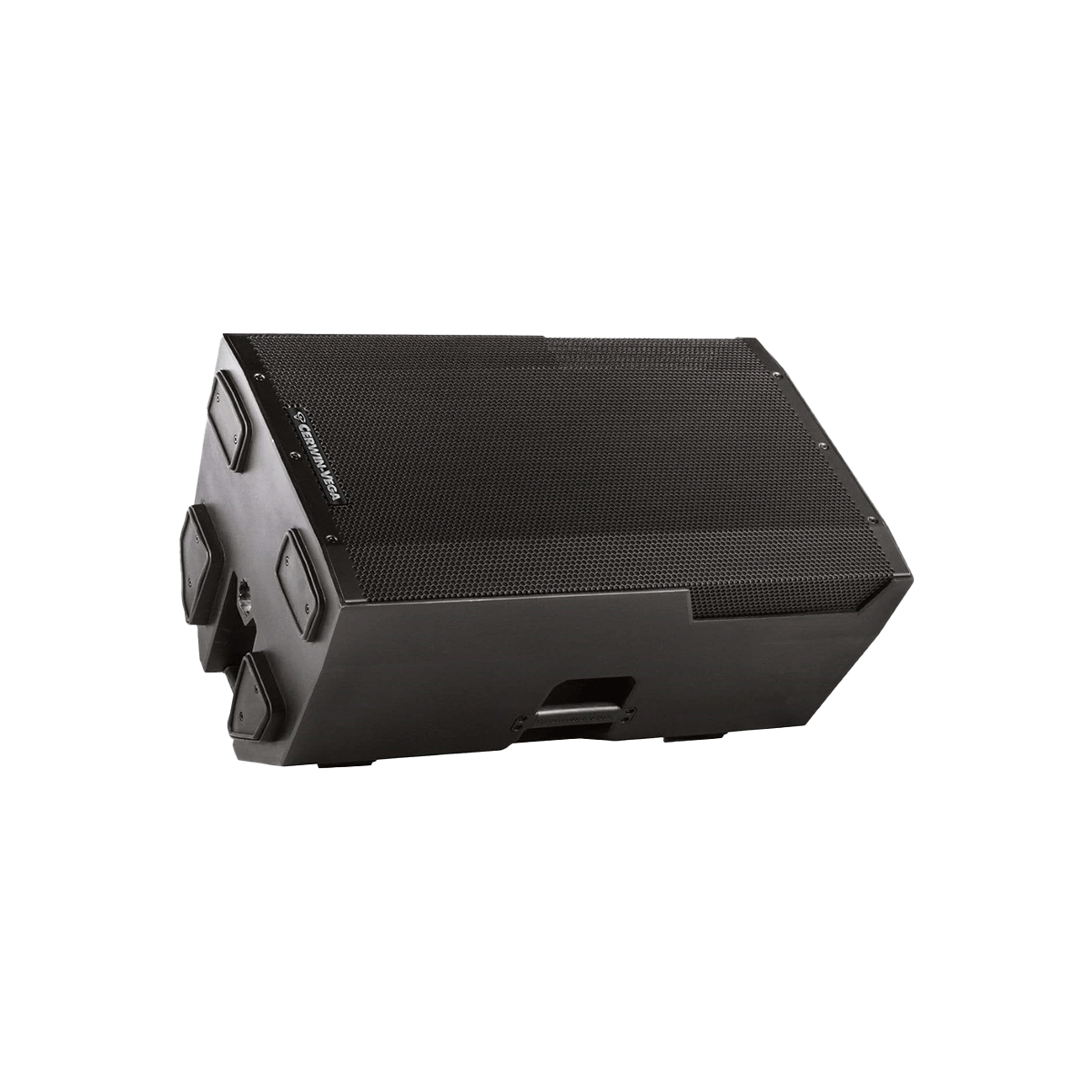 The CVE Series 15" 2-Way Powered Loudspeaker (CVE-15) is a black, rectangular audio stage monitor with a slightly inclined design, metal grille front, four side ports, Bluetooth connectivity, and an easy-to-carry bottom handle. It features an isolated white background image.