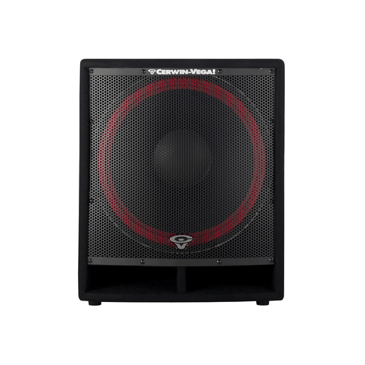 The CVi Series 18" Dedicated Passive Subwoofer (CVi-118S) is a black, rectangular passive subwoofer featuring a red-ringed grille with the "Cerwin-Vega!" logo and emblem, a large central woofer, perforated design, and slightly wider base for stability.