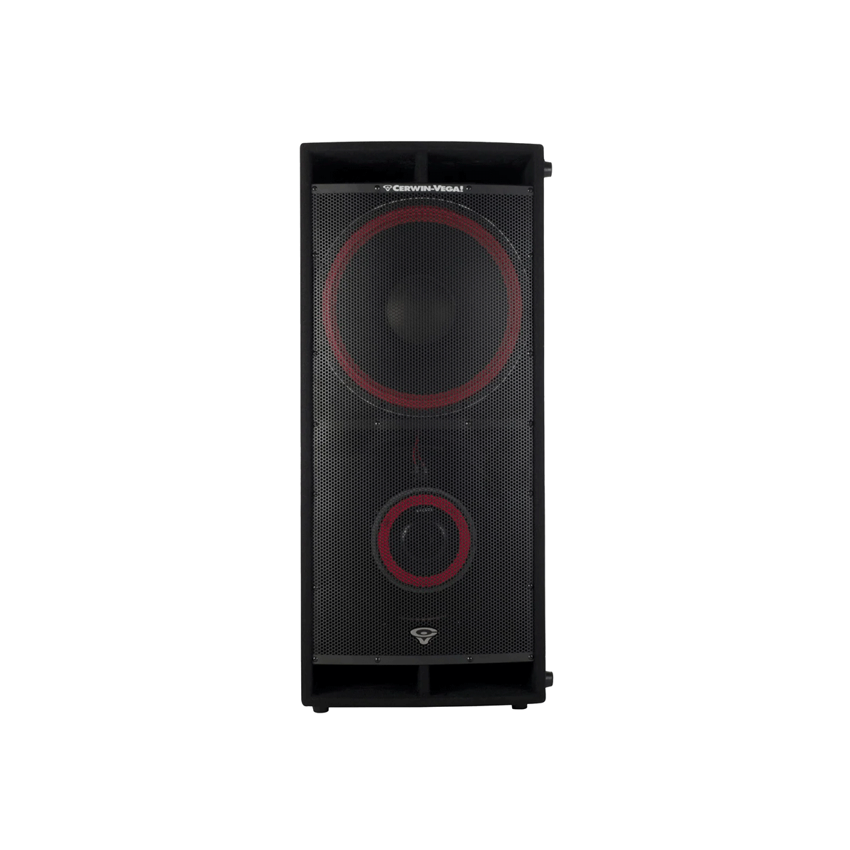 The CVi Series Dual 18" Passive Subwoofer (CVi-218S) by Cerwin-Vega is a tall, black speaker with a mesh front and two visible cones. The larger top cone and smaller bottom one are outlined in red, while the Cerwin Vega logo is at both the top center and bottom of the unit.