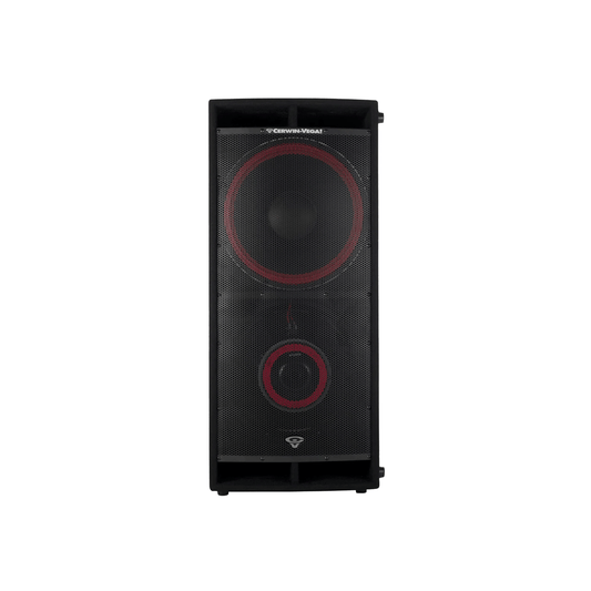 The CVi Series Dual 18" Passive Subwoofer (CVi-218S) by Cerwin-Vega is a tall, black speaker with a mesh front and two visible cones. The larger top cone and smaller bottom one are outlined in red, while the Cerwin Vega logo is at both the top center and bottom of the unit.