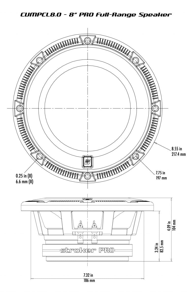The technical drawing of the Stroker Pro 8" Full Range Speaker - CVMPCL8.0 highlights its high-performance car audio features, with front and side views and precise measurements detailing its superior sound quality components.