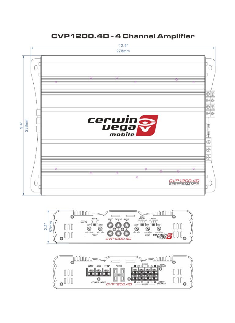 Diagram of the CVP SERIES 4-Channel Class-AB Amplifier - CVP1200.4D features top and side views with dimensions: 12.4" wide, 9.7" deep, 2.2" tall, displaying input/output ports and switch settings for extreme bass delivery on a white background with red/black text and the "Cerwin Vega Mobile" logo prominently shown.