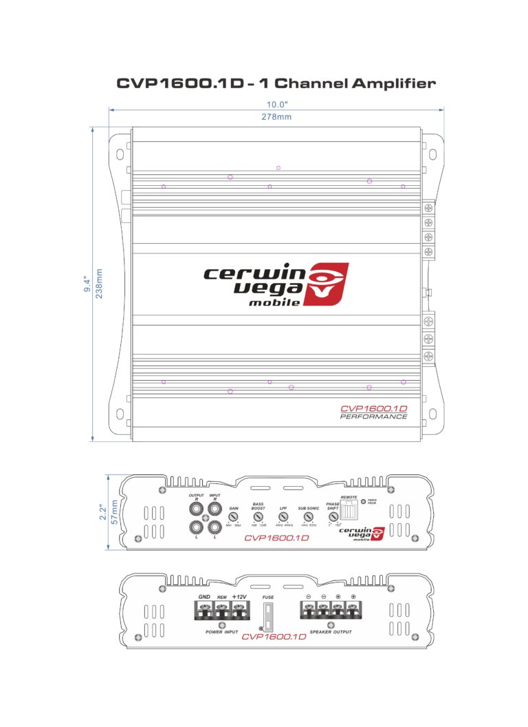 The technical diagram of the Cerwin Vega CVP Series 1-Channel Class AB Amplifier - CVP1600.1D shows front and rear views, measuring 10 inches wide, 9 inches deep, and 2.7 inches high. It includes input/output ports, control knobs, and branding for extreme bass performance.