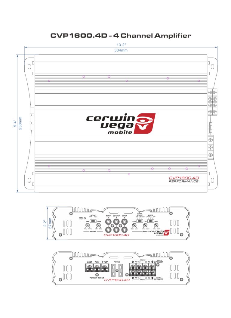 The CVP Series 4-Channel Class AB Amplifier (CVP1600.4D) by Cerwin Vega displays the brand's precision engineering with top view dimensions of 13.2" x 9.6". The bottom features a control panel, extreme bass RCA inputs, speaker outputs, power connections, branding, and model name.