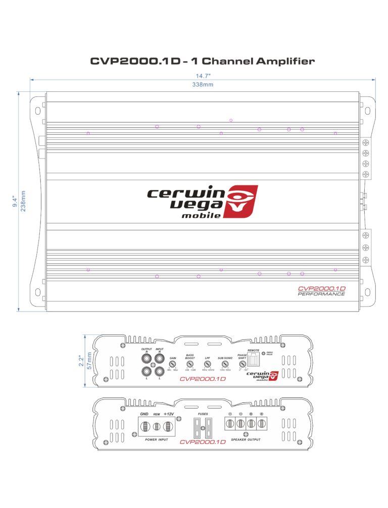Diagram of a CVP Series 1-Channel Class AB Amplifier - CVP2000.1D featuring front and connection side views, dimensions of 14.7" width by 9.2" height, ideal for extreme bass setups. The red and white logo is above various inputs, outputs, and control knobs.