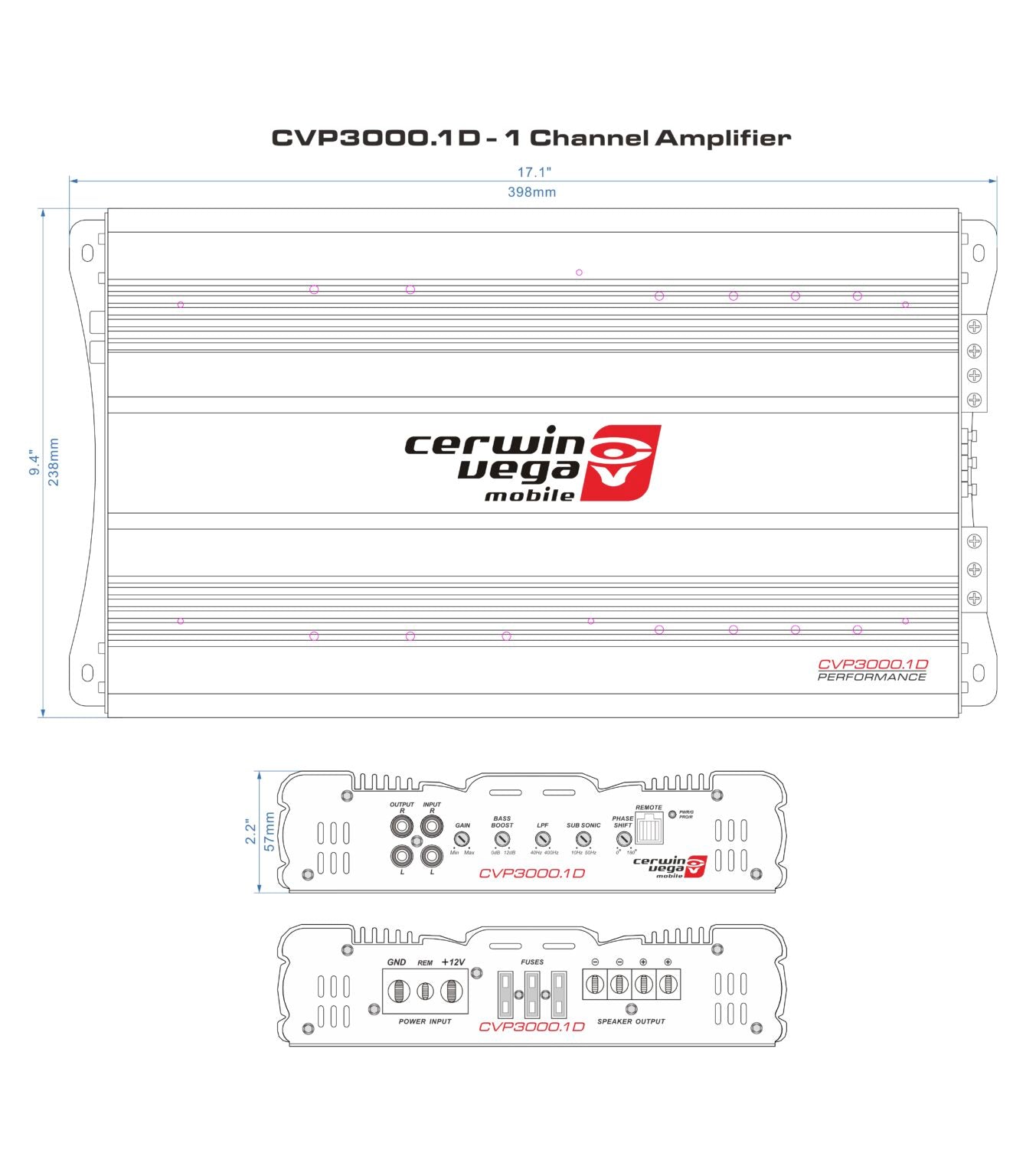 Diagram of the CVP Series 1-Channel Class AB Amplifier - CVP3000.1D by Cerwin Vega Mobile. It features a top view with dimensions: 17.1" wide and 9.6" long, and a bottom view showing ports, controls, and Extreme Bass knobs, with the model name and logo prominently displayed.