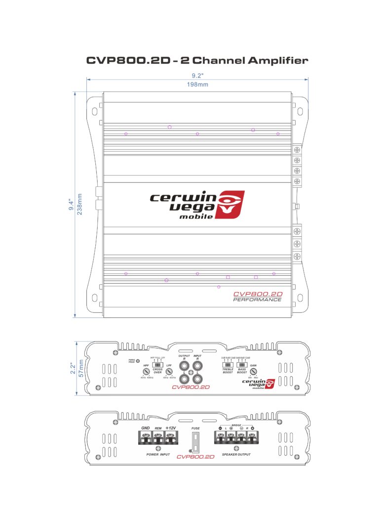 Diagram of the CVP800.2D 2 Channel Bridgeable Class AB Amplifier with Bass Control Knob, showcasing top and front views; top measures 9.2 inches wide by 7.2 inches tall, front includes multiple ports and controls known for delivering powerful extreme bass performance.