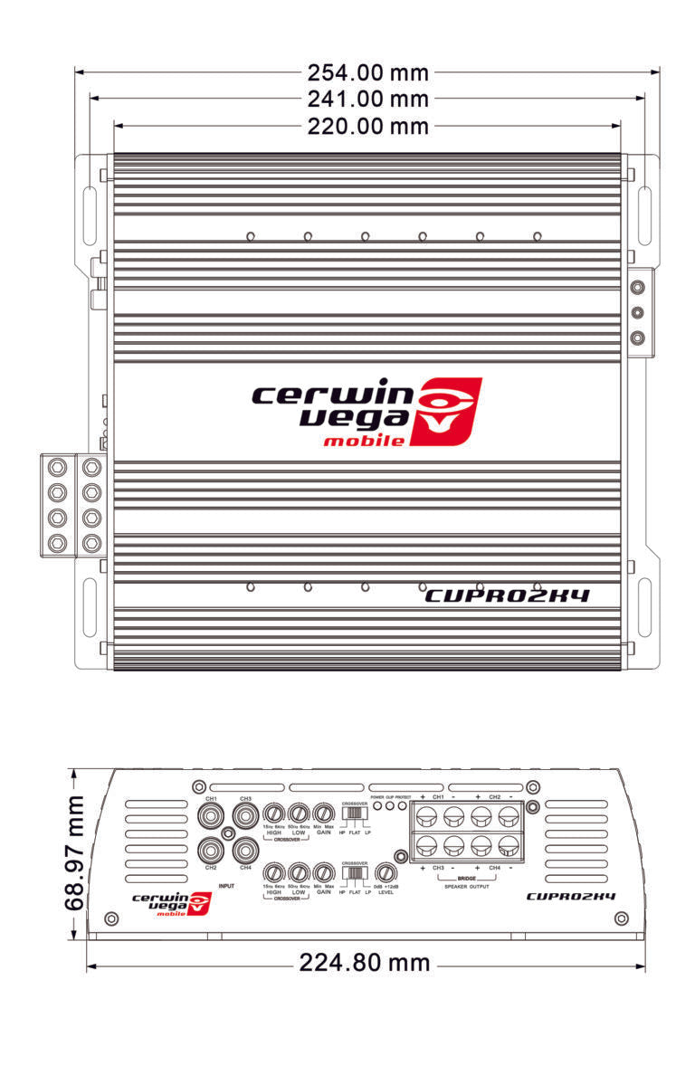 Diagram of the Cerwin Vega CVP Pro 4-Channel Class D Amplifier, labeled "CVPRO2K4," shows a top view with dimensions of 254 mm x 241 mm x 220 mm. The bottom view displays speaker and power inputs/outputs measuring 224.8 mm in width and 68.97 mm in height.