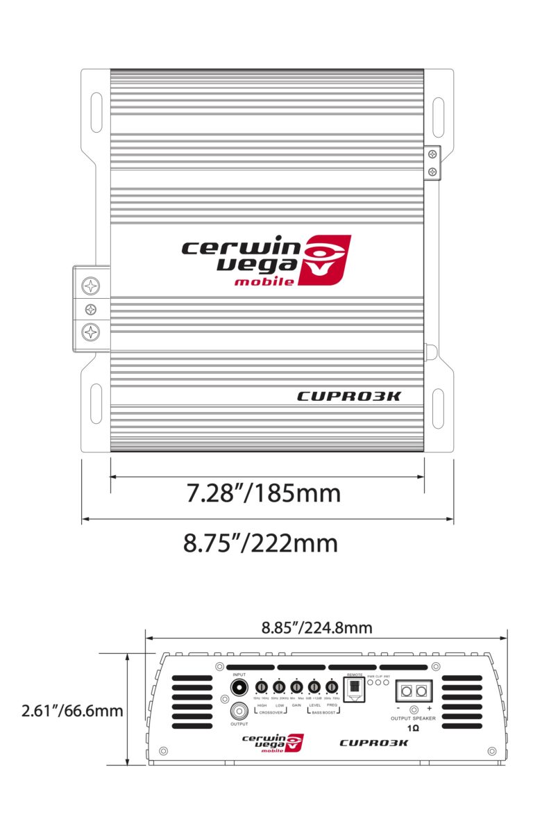 Diagram of the CVP Pro 1-Channel Class-D Amplifier CVPRO3K, compatible with subwoofers. The top view shows dimensions of 7.28"/185mm (width) and 8.75"/222mm (height); the front panel has controls and ports, measuring 2.61"/66.6mm in height and 8.85"/224.8mm in width.