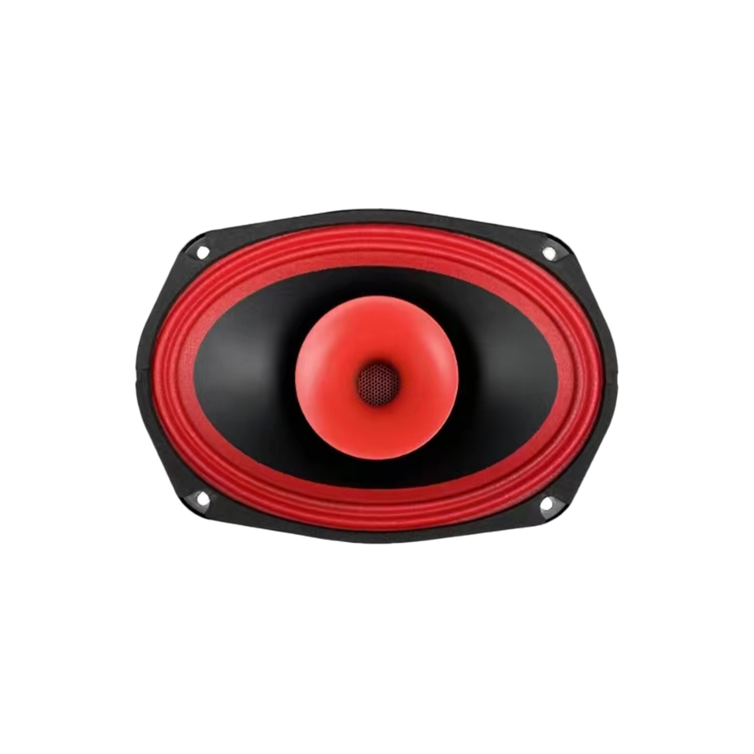 The CVPX Full Range Coaxial with Horn Tweeter features an oval black and red design with a mesh-covered cone, contrasting red rim, and textured central design. It includes four corner screws for mounting.