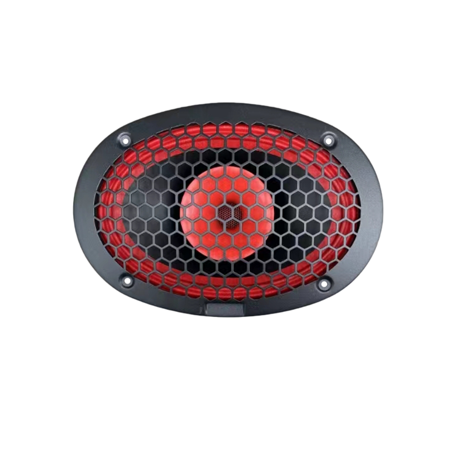 The CVPX69 from the CVPX Series is a 6"x9" speaker featuring a black frame and red cone, covered by a black honeycomb grille. Its horn-loaded drivers deliver exceptional audio performance with striking contrast.
