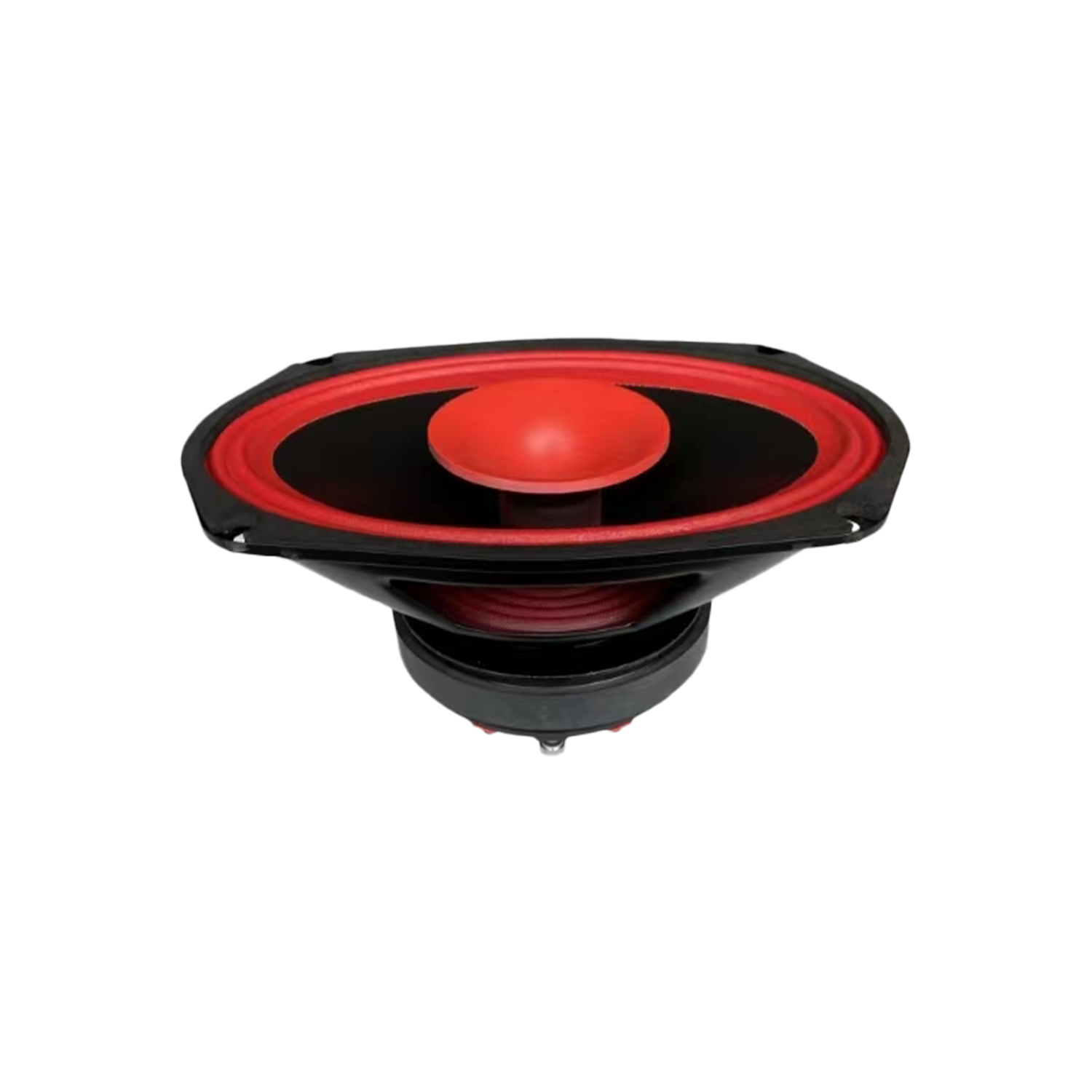 The CVPX69 speaker from the CVPX Series is a 6"x9" oval-shaped, red-dome, 2-way full-range model featuring a sleek black body with red accents on a plain white background to enhance its audio performance.