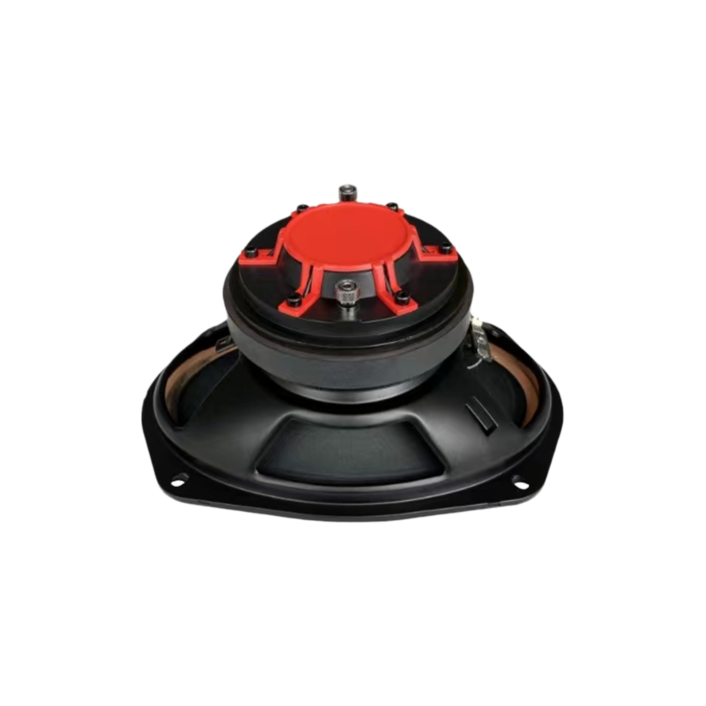 A CVPX Full Range Coaxial with Horn Tweeter, featuring a side view of a round black diaphragm in a black and red frame. It includes a red center cap with visible screws, mounted on a curved black bracket, against a plain white background.