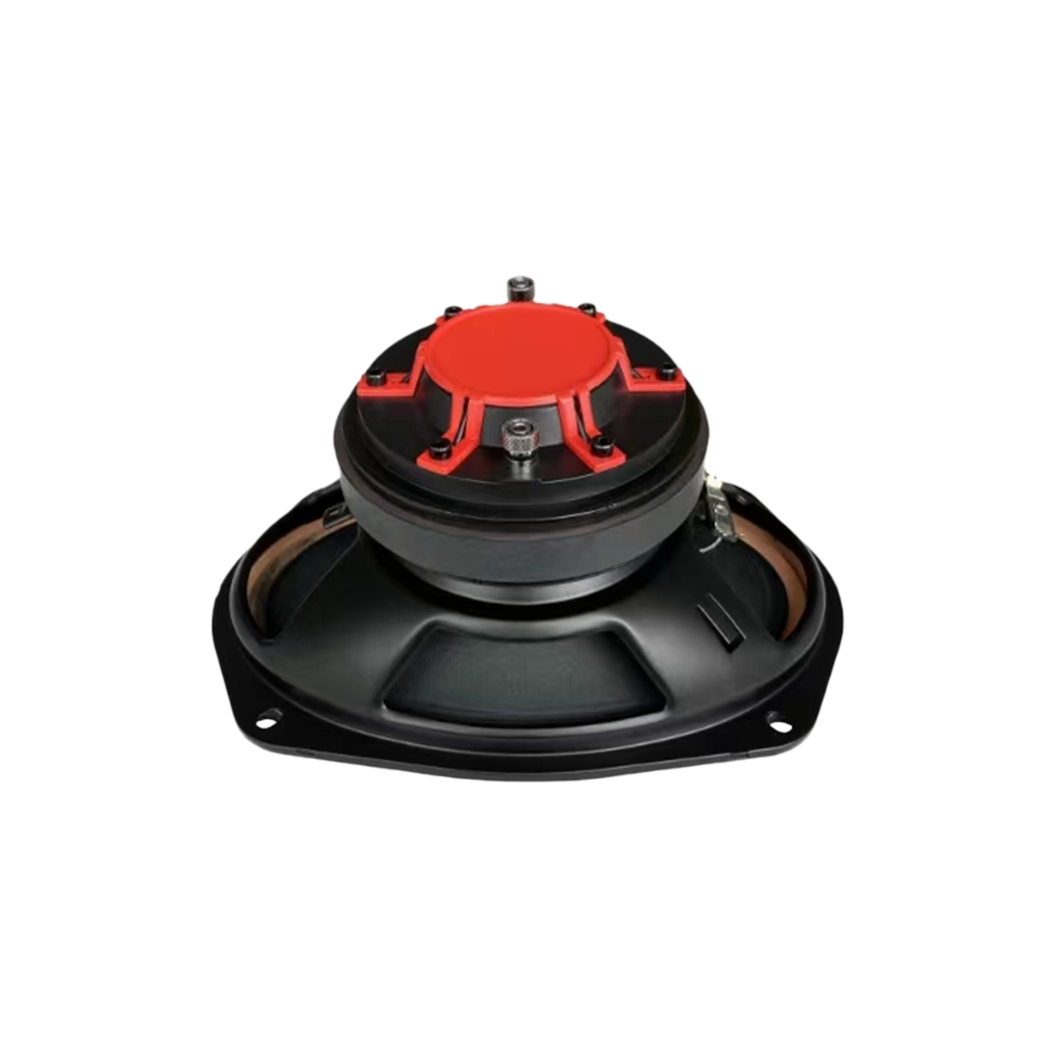 A CVPX Full Range Coaxial with Horn Tweeter, featuring a side view of a round black diaphragm in a black and red frame. It includes a red center cap with visible screws, mounted on a curved black bracket, against a plain white background.