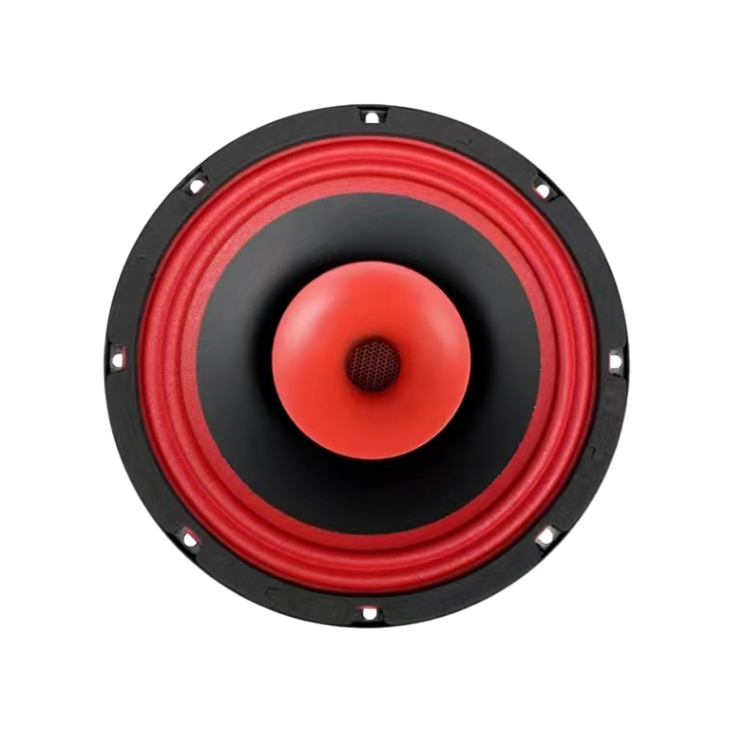The CVPX Full Range Coaxial with Horn Tweeter features a round design, red cone, and black outer frame. The inner deep red diaphragm has a textured dome and darker red ring, while the black trim includes evenly spaced mounting holes for easy installation.