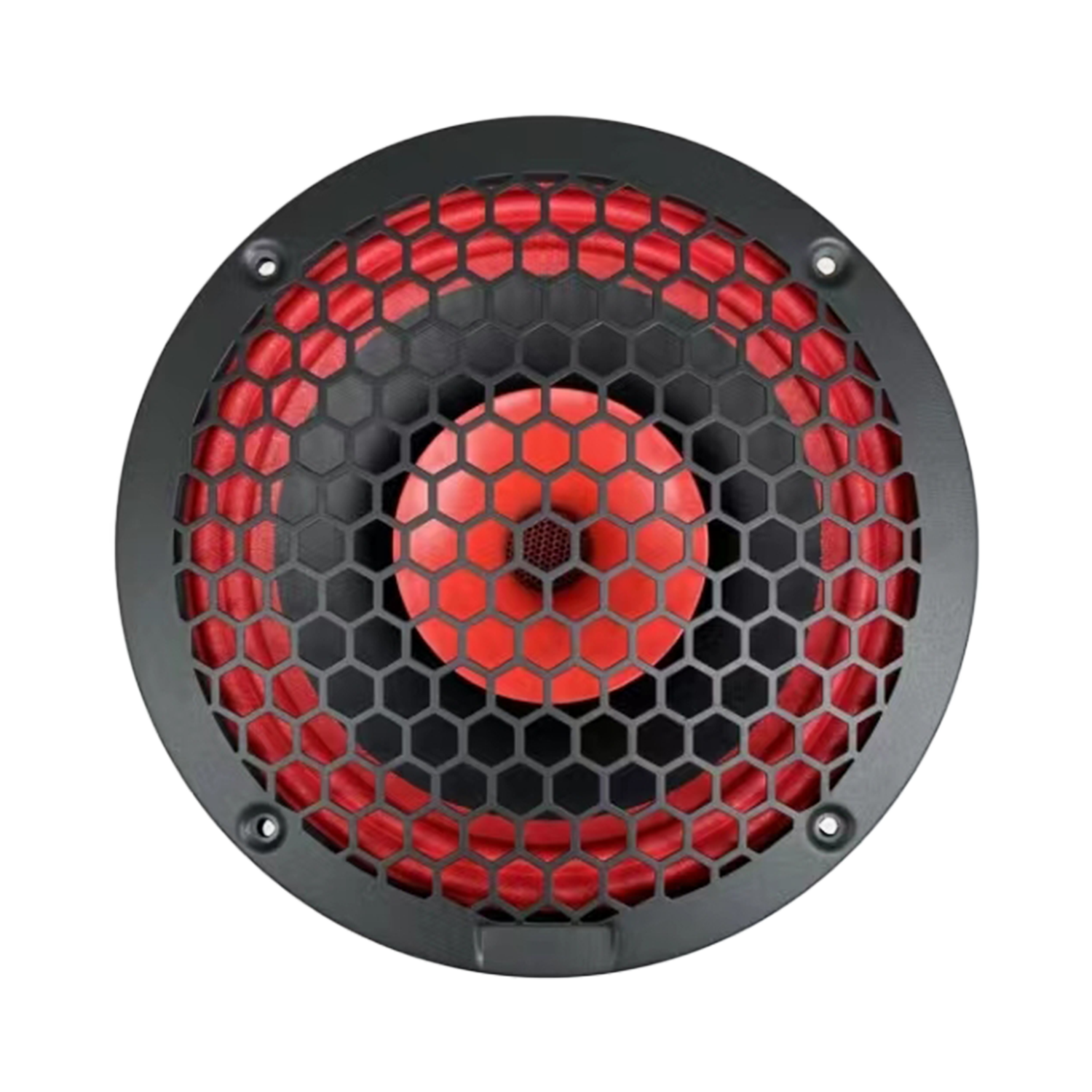 The CVPX8 from the Cerwin-Vega CVPX Series is an 8" 2-way speaker with a horn tweeter. It features a honeycomb-patterned black grille, a bright red central cone, and a red ring for bold contrast. The black outer frame has four evenly spaced mounting screw holes.
