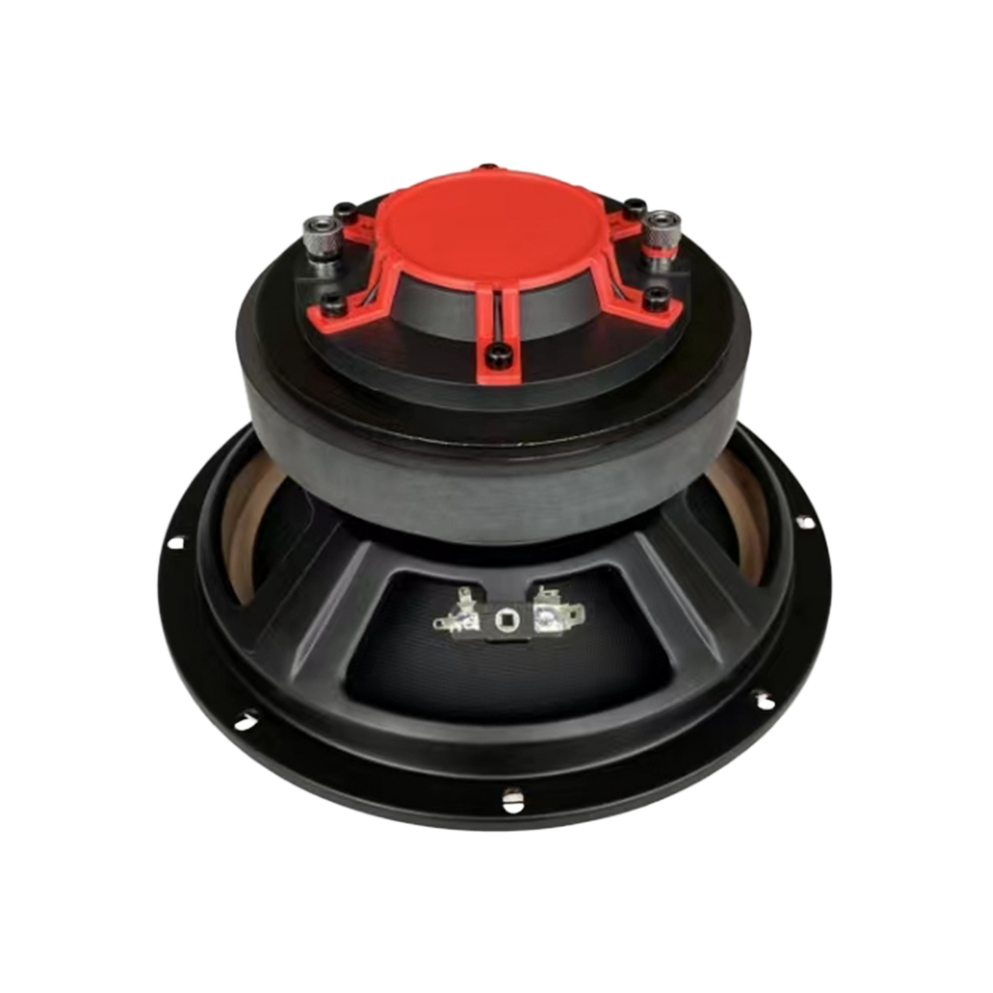 The CVPX Full Range Coaxial with Horn Tweeter boasts a black and red design, visible from the back with a large magnet and sturdy metal frame. Its circular form includes terminal connectors, with a red center contrasting the black exterior, hinting at high-quality sound performance.