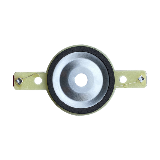 The CVPXTD, a replacement tweeter diaphragm for CVPX Series models, features a metallic dome with a central bulge bordered by a black rubber ring. It's attached to a beige bracket with dual holes and wires on each side against a white backdrop.