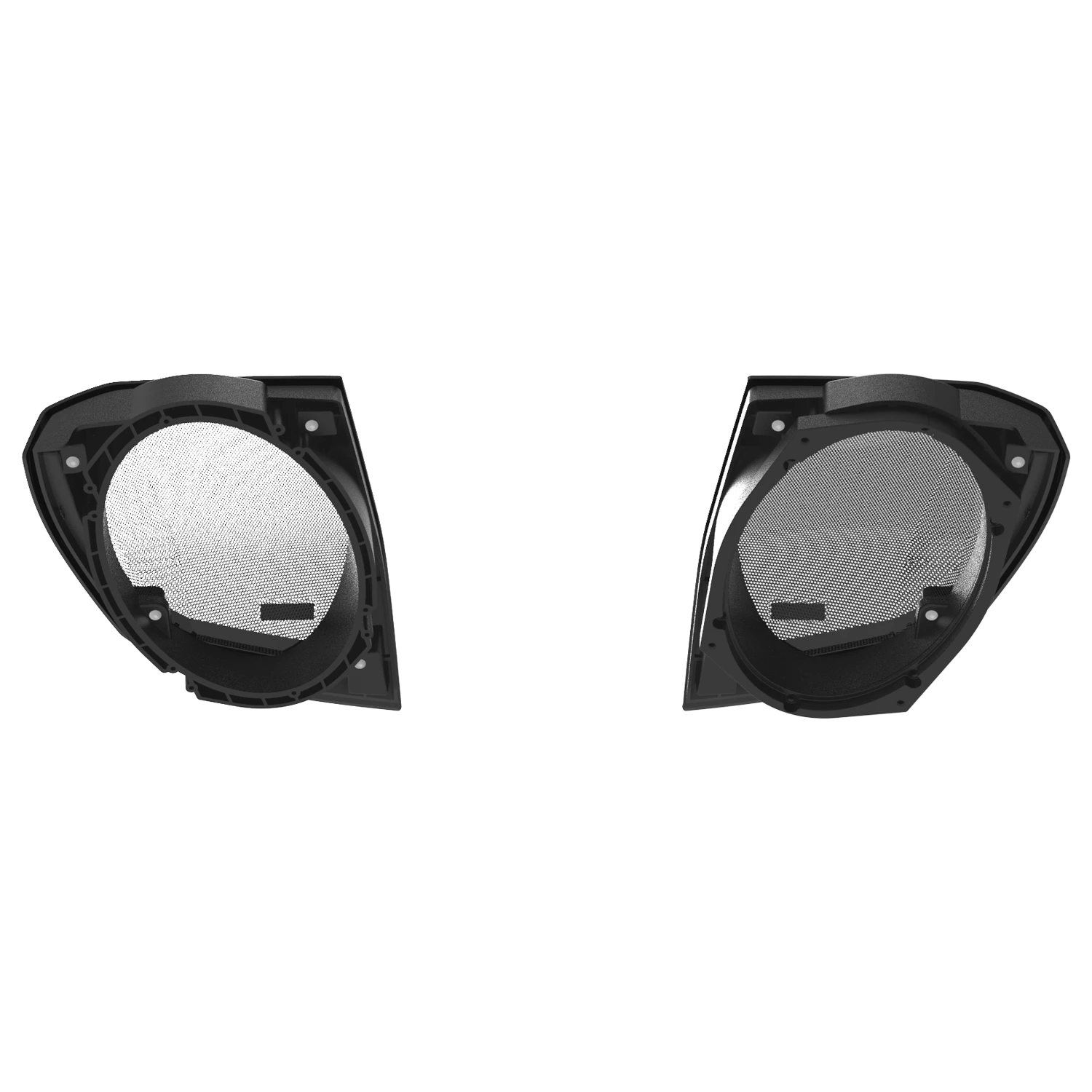 Two black headlight housings, featuring a mesh-like interior texture and precision akin to the 2024+ Harley Davidson® Cut-In Lid Kit with PH694 Speakers, are symmetrically placed against a white background. They have a rounded shape with angled edges and a smooth finish.