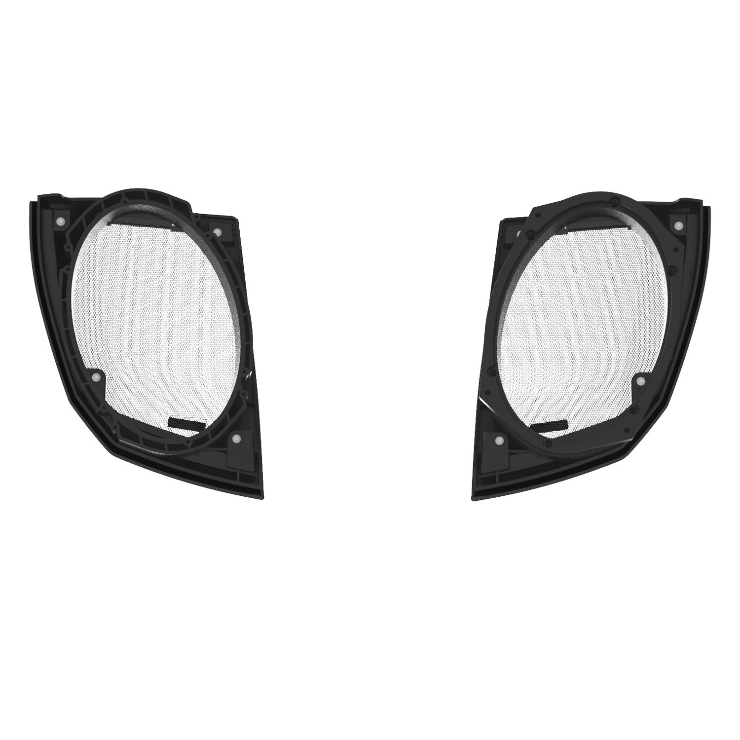 Two black semi-circular headlight trims resemble the 2024+ Harley Davidson® Cut-In Lid Kit with PH694 (4Ω) Speakers, symmetrically placed on a white background. The trims have a solid frame, visible mounts, and a mesh center for airflow or protection.